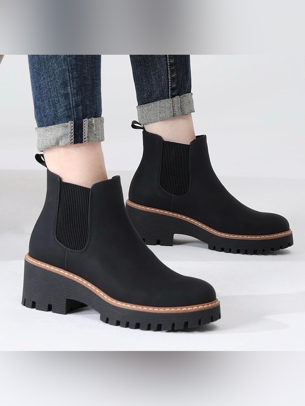 DECARSDZ Women’s Chunky Platform Chelsea Vegan Leather Classic Style Ankle Boots